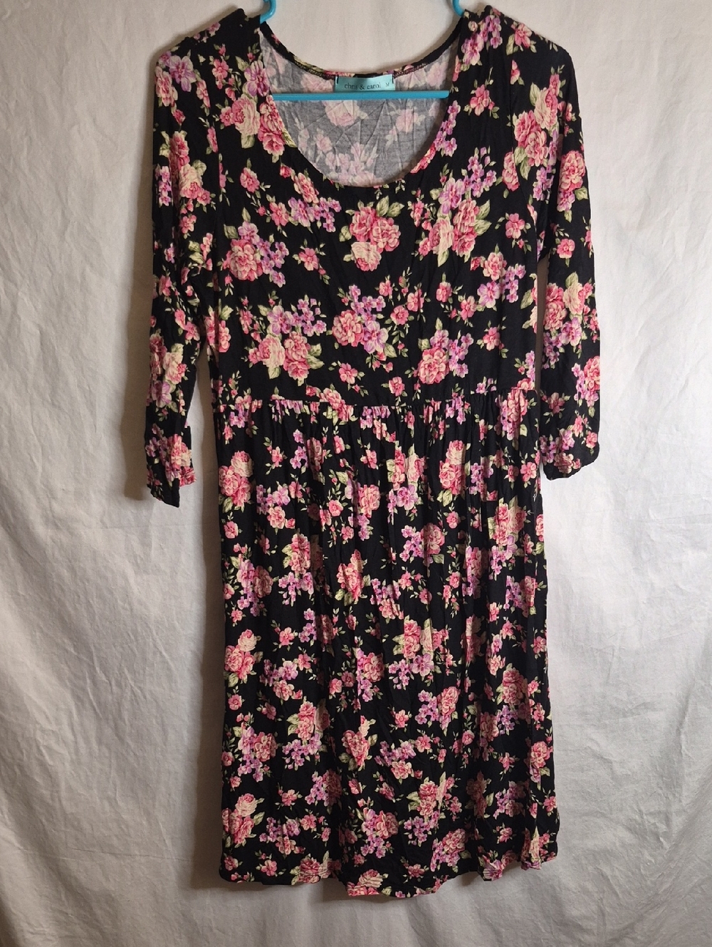 Chris & Carol Black Midi Dress with Pink Floral Print